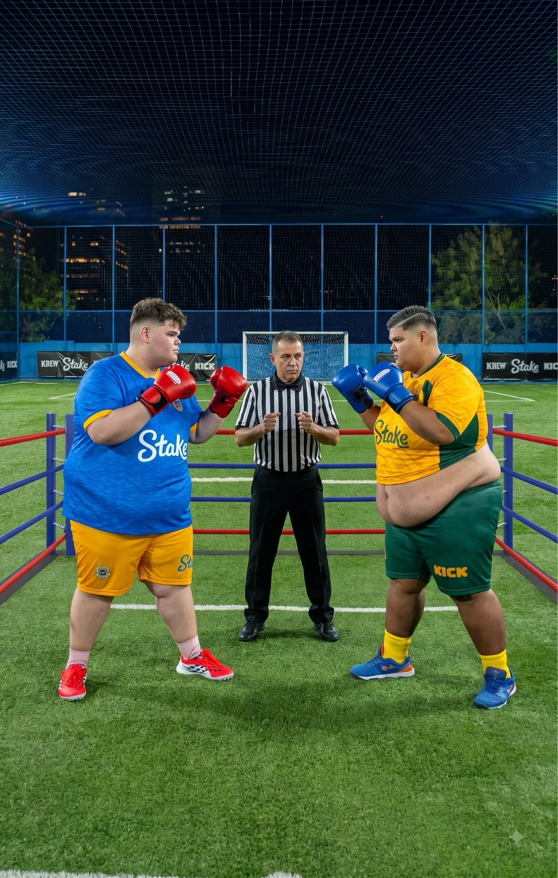 Luta de boxe de exibição no ringue montado no campo