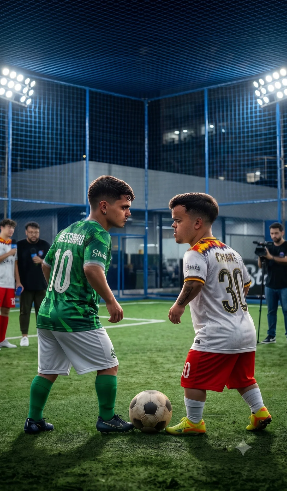Anão Chave e Anão Messinho frente a frente no gramado